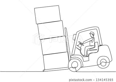 Continuous line drawing vector artwork illustrating forklift safety concept for National Forklift Safety Day, showing operator handling unstable stacked boxes in workplace industry theme. Continuous line drawing vector artwork illustrating forklift safety concept for National Forklift Safety Day, showing operator handling unstable stacked boxes in workplace industry theme. 134145393