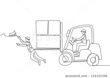 Continuous line drawing vector depicting forklift accident risk for National Forklift Safety Day, where boxes nearly hit a worker nearby, symbolizing hazard awareness in workplace industry safety. Continuous line drawing vector depicting forklift accident risk for National Forklift Safety Day, where boxes nearly hit a worker nearby, symbolizing hazard awareness in workplace industry safety. 134145396
