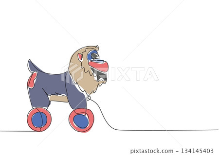 Colorful mandrill wooden wheeled toy illustrated in continuous line drawing style, showing unique primate features with a playful minimalist art concept for creative design use. 134145403