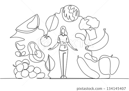 Single line drawing of a woman surrounded by fruits and vegetables, illustrating mindful eating, sustainability, and healthy food choices for Eat Flexitarian Day in a lifestyle and wellness concept. 134145407