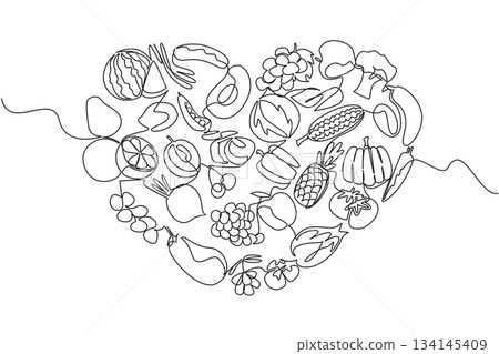 One line drawing illustration depicting various fruits and vegetables arranged into a heart shape, celebrating Eat Flexitarian Day with focus on health, wellness, and balanced food concept lifestyle. 134145409