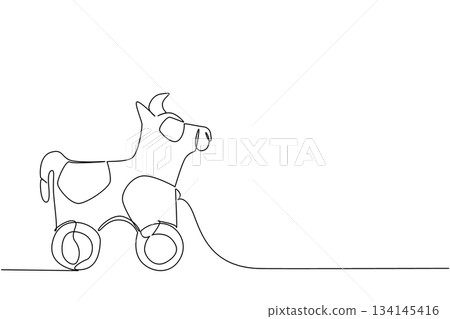 Minimal continuous line drawing of a cow toy on wheels, evoking farm life and play. Nature concept with International Farm Animal Day theme for children toy art. Minimal continuous line drawing of a cow toy on wheels, evoking farm life and play. Nature concept with International Farm Animal Day theme for children toy art. 134145416