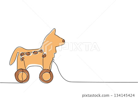 Single line drawing of a wooden coyote toy with wheels in minimalist playful style. The design reflects the nature concept, highlighting creativity and animal representation for kids. Single line drawing of a wooden coyote toy with wheels in minimalist playful style. The design reflects the nature concept, highlighting creativity and animal representation for kids. 134145424