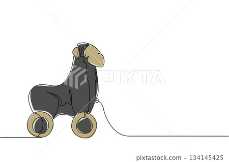 Playful chimpanzee wooden wheeled toy illustrated in continuous line drawing style, showcasing minimal design with a nature concept. Ideal for kids toys, creative artwork, and animal inspired designs Playful chimpanzee wooden wheeled toy illustrated in continuous line drawing style, showcasing minimal design with a nature concept. Ideal for kids toys, creative artwork, and animal inspired designs 134145425