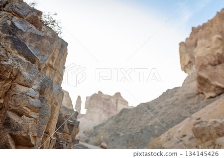 Close-up of rocky cliff with texture and layers - wild nature and geology Close-up of rocky cliff with texture and layers - wild nature and geology 134145426