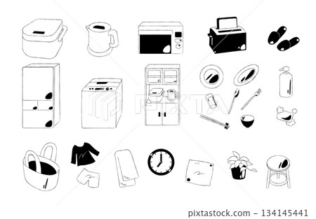 Monochrome black and white line drawing daily necessities icon set Monochrome black and white line drawing daily necessities icon set 134145441