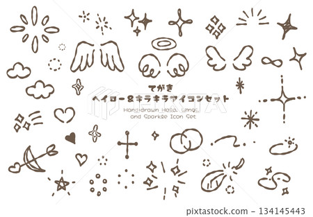 Hand drawn halo, wings and glitter icon set 134145443