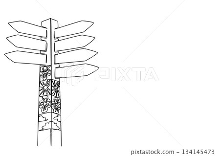 Decorated signpost illustrated in continuous line drawing style, designed as a symbolic art concept for International Yarn Bombing Day celebrating creativity, fiber art, and public expression. 134145473