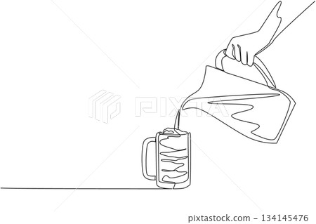 Single line drawing of a hand pouring soda from a jug into a whipped cream float mug, designed as a beverage concept illustration for National Black Cow Day. Single line drawing of a hand pouring soda from a jug into a whipped cream float mug, designed as a beverage concept illustration for National Black Cow Day. 134145476