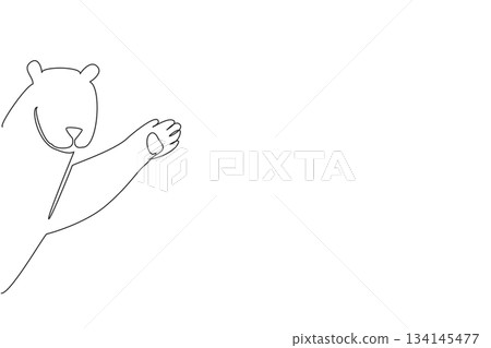 Continuous line drawing of a polar bear waving hand warmly, created in a simple vector sketch style. Perfect for Say Hi Day, this nature concept design highlights wildlife greeting joy. Continuous line drawing of a polar bear waving hand warmly, created in a simple vector sketch style. Perfect for Say Hi Day, this nature concept design highlights wildlife greeting joy. 134145477