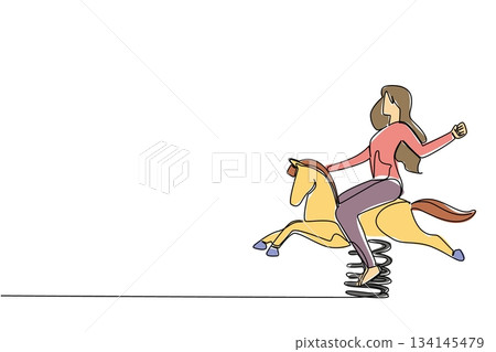 Joyful continuous line drawing of a young girl riding a spring horse toy, symbolizing playfulness and laughter. This lifestyle concept celebrates National Making Life Beautiful Day through childhood f Joyful continuous line drawing of a young girl riding a spring horse toy, symbolizing playfulness and laughter. This lifestyle concept celebrates National Making Life Beautiful Day through childhood f 134145479