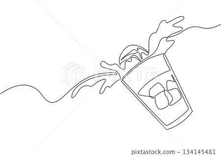 Continuous line drawing of a tilted soda float glass splashing with ice and ice cream, showing playful energy in a beverage concept for National Black Cow Day. Continuous line drawing of a tilted soda float glass splashing with ice and ice cream, showing playful energy in a beverage concept for National Black Cow Day. 134145481