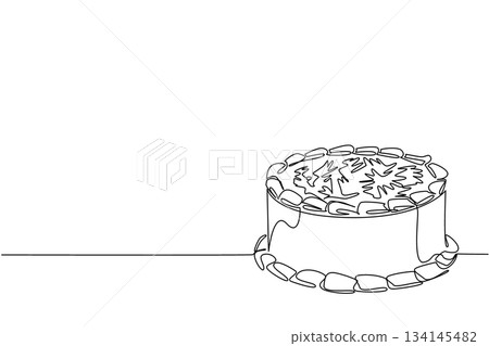 Continuous line drawing food concept for National German Chocolate Cake Day, depicting a low round German chocolate cake decorated with border icing and detailed frosting patterns on top. Continuous line drawing food concept for National German Chocolate Cake Day, depicting a low round German chocolate cake decorated with border icing and detailed frosting patterns on top. 134145482