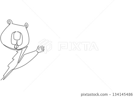 Single line drawing of a beaver waving hand joyfully, highlighted with its unique features in minimal vector style. A perfect nature concept illustration to mark Say Hi Day with friendliness. 134145486