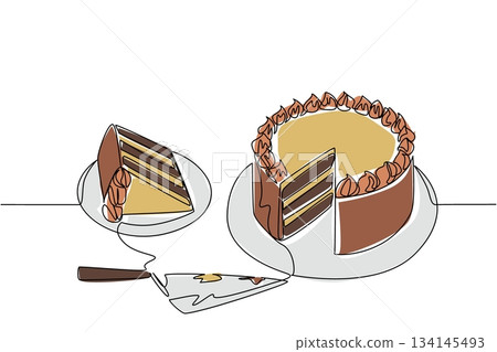 Continuous line drawing of a German chocolate cake with slice on plate, designed for National German Chocolate Cake Day. This food concept illustration highlight dessert, sweet layers, and celebration 134145493