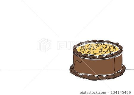 Continuous line drawing illustration of a whole German chocolate cake with cream topping and nuts, representing a food concept and dessert art for National German Chocolate Cake Day. Continuous line drawing illustration of a whole German chocolate cake with cream topping and nuts, representing a food concept and dessert art for National German Chocolate Cake Day. 134145499