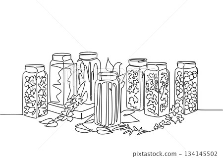 Single line drawing of spice jars arranged together, symbolizing preserved culinary flavors and natural seasonings, designed as a food concept for National Herbs and Spices Day illustration. Single line drawing of spice jars arranged together, symbolizing preserved culinary flavors and natural seasonings, designed as a food concept for National Herbs and Spices Day illustration. 134145502