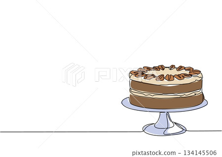 Single line drawing of a layered German chocolate cake decorated with frosting and nuts, placed on a cake stand, created as part of a food concept for National German Chocolate Cake Day. Single line drawing of a layered German chocolate cake decorated with frosting and nuts, placed on a cake stand, created as part of a food concept for National German Chocolate Cake Day. 134145506