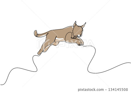 Continuous line drawing of a lynx gracefully leaping, representing agility and wildlife beauty. Nature concept for International Lynx Day highlights animal strength and conservation theme. 134145508
