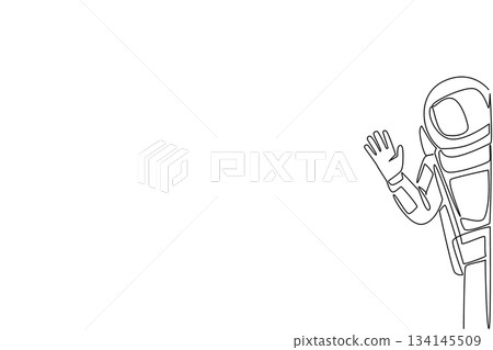 Single line drawing of an astronaut waving while floating in the space, symbolizing global unity beyond Earth. This Say Hi Day design uses a science concept to express connection and communication. Single line drawing of an astronaut waving while floating in the space, symbolizing global unity beyond Earth. This Say Hi Day design uses a science concept to express connection and communication. 134145509