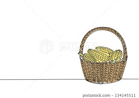 Single line drawing of a rustic basket with handle holding corn on the cob, created for National Corn on the Cob Day with agriculture concept and food harvest theme illustration design. 134145511