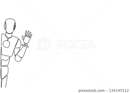 Single line draw of a futuristic robot waving in a friendly manner from behind the wall, symbolizing human tech interaction. Say Hi Day as a science concept to show communication and innovation. 134145512