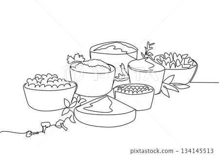 Continuous line drawing of multiple bowls containing herbs and spices, symbolizing culinary richness and traditional cooking, designed as a food concept for National Herbs and Spices Day theme. Continuous line drawing of multiple bowls containing herbs and spices, symbolizing culinary richness and traditional cooking, designed as a food concept for National Herbs and Spices Day theme. 134145513
