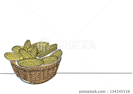 One line drawing of a woven bowl filled with corn cobs, styled for National Corn on the Cob Day, combining a food concept and agricultural celebration theme for healthy harvest artwork. 134145516
