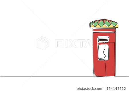 Single line drawing of a classic red postbox with a bright, patterned yarn bombed topper, merging street art and public creativity for International Yarn Bombing Day, urban art and community event Single line drawing of a classic red postbox with a bright, patterned yarn bombed topper, merging street art and public creativity for International Yarn Bombing Day, urban art and community event 134145522