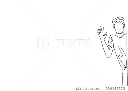 Single line draw of a young man on casual wear waving with an open hand, greet from behind wall, show friendliness and connection. Supports Say Hi Day as a business concept for global communication. 134145523