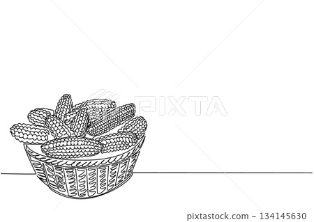 Single line draw of corn cobs neatly arranged in a woven basket, showing freshness and organic harvest. This nature concept artwork highlights National Corn on the Cob Day in minimalist sketch style. 134145630