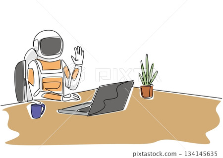 Single line drawing of an astronaut waving at his laptop, highlighting space, science, and digital communication in a science concept for Say Hi Day, connecting galaxies and people. Single line drawing of an astronaut waving at his laptop, highlighting space, science, and digital communication in a science concept for Say Hi Day, connecting galaxies and people. 134145635