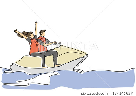 Joyful one line drawing of a young couple riding a jet ski. A fun lifestyle concept for National Making Life Beautiful Day, celebrating adventure, summer vacation, and shared happiness. 134145637