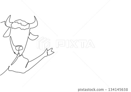 Continuous line drawing illustration of a bison waving leg behind the wall, representing animal strength and wild nature. This concept art supports International Bison Day as nature theme. Continuous line drawing illustration of a bison waving leg behind the wall, representing animal strength and wild nature. This concept art supports International Bison Day as nature theme. 134145638