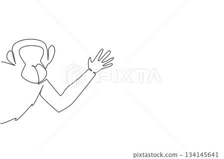 Continuous line drawing of a chimpanzee waving hand behind the wall, symbolizing playful wildlife. Created as an art concept for International Animal Day, highlighting animal charm. Continuous line drawing of a chimpanzee waving hand behind the wall, symbolizing playful wildlife. Created as an art concept for International Animal Day, highlighting animal charm. 134145641