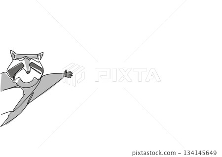 Single line drawing captures a raccoon waving its paw from behind a wall, presented as an animal concept design for International Raccoon Appreciation Day in minimalist flat vector style. 134145649