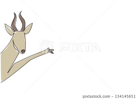 One line drawing highlights an antelope waving its leg behind a wall, designed as a nature concept artwork for World Wildlife Day, combining elegance and minimalist illustration style. 134145651
