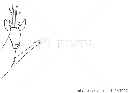 One line drawing of a deer waving its leg behind the wall, designed in a nature concept for World Wildlife Day theme, highlighting the grace of forest animals in minimal vector art. 134145652