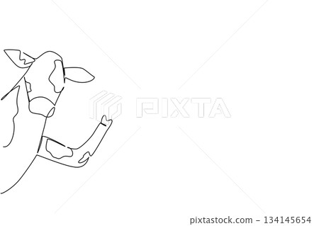 Single line drawing of a cow waving its leg behind the wall, created in a nature concept for World Milk Day theme, blending agriculture charm with minimalist vector illustration. Single line drawing of a cow waving its leg behind the wall, created in a nature concept for World Milk Day theme, blending agriculture charm with minimalist vector illustration. 134145654