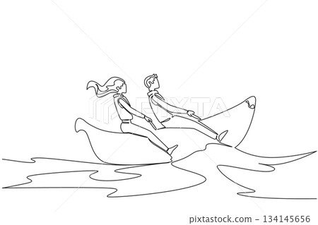 Continuous line drawing of a man and woman rowing a banana boat together on water, conveying connection, relaxation, and adventure, highlighting the travel and outdoor lifestyle 134145656