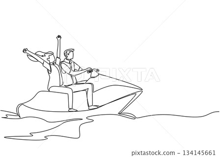 Continuous line drawing of a young couple riding a jet ski, enjoying adventure and excitement, created as a lifestyle concept for National Making Life Beautiful Day celebration. 134145661