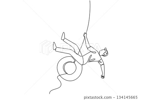 One line drawing of a young man swinging on a tire swing, symbolizing fun, relaxation, and the cheerful spirit of National Making Life Beautiful Day in a lifestyle concept. 134145665