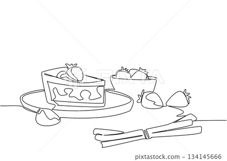 One line drawing of strawberry rhubarb pie slice on round plate, decorated with strawberries and cinnamon sticks, focusing on a dessert food concept for National Strawberry Rhubarb Pie Day. 134145666