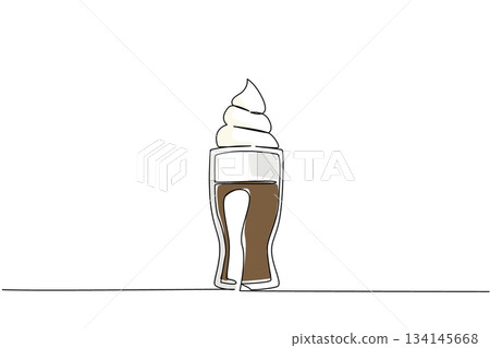 Continuous line drawing of a tall glass root beer float with soft serve ice cream, representing National Black Cow Day celebration under food and beverage concept. Continuous line drawing of a tall glass root beer float with soft serve ice cream, representing National Black Cow Day celebration under food and beverage concept. 134145668