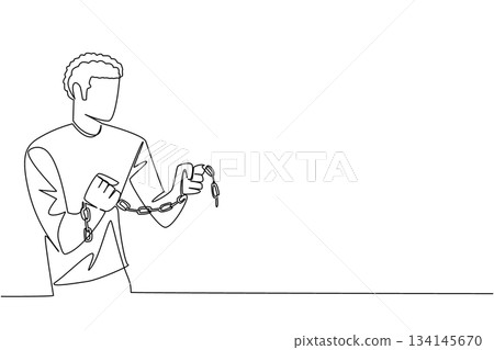 Dramatic single line drawing of a man breaking chains with both hands, symbolizing human strength, protest, and the abolition of slavery for Abolition Day awareness concept design. Dramatic single line drawing of a man breaking chains with both hands, symbolizing human strength, protest, and the abolition of slavery for Abolition Day awareness concept design. 134145670