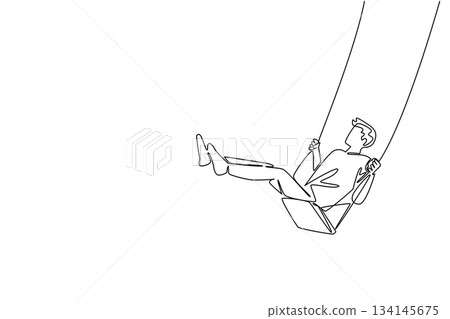 Continuous line drawing of a young man joyfully swinging high, symbolizing freedom, happiness, and the celebration of National Making Life Beautiful Day in a lifestyle concept. Continuous line drawing of a young man joyfully swinging high, symbolizing freedom, happiness, and the celebration of National Making Life Beautiful Day in a lifestyle concept. 134145675