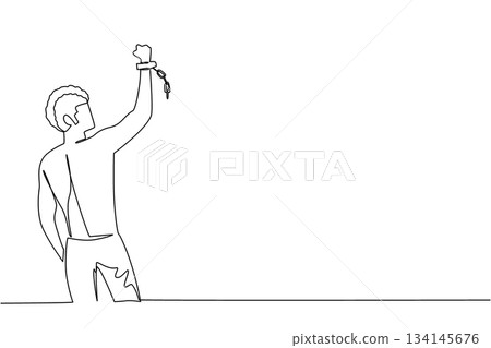 Rear view, bold one line drawing of a man raising his fist with broken shackles, symbolizing resistance, courage, and the victory of Abolition Day in a civil rights movement concept. Back view Rear view, bold one line drawing of a man raising his fist with broken shackles, symbolizing resistance, courage, and the victory of Abolition Day in a civil rights movement concept. Back view 134145676