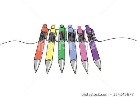Continuous line draw of a row of ballpoint pens marks National Ballpoint Pen Day, illustrating business concept of stationery, organization, and creativity, symbolizing productivity in daily writing 134145677