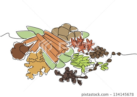 Continuous line drawing of assorted herbs and spices including cinnamon, ginger, star anise, cloves, and leaves, representing nature concept for National Herbs and Spices Day celebration. Continuous line drawing of assorted herbs and spices including cinnamon, ginger, star anise, cloves, and leaves, representing nature concept for National Herbs and Spices Day celebration. 134145678