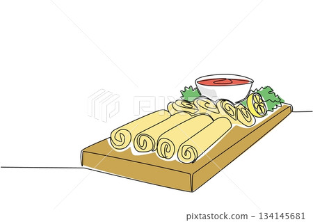 Single line drawing of egg rolls placed neatly on a wooden serving board with dipping sauce and lemon, created for National Egg Roll Day highlighting food concept and culinary event theme. Single line drawing of egg rolls placed neatly on a wooden serving board with dipping sauce and lemon, created for National Egg Roll Day highlighting food concept and culinary event theme. 134145681